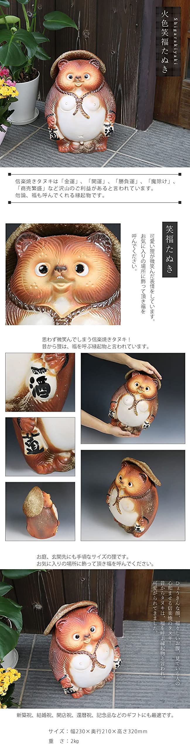 Amazon.co.jp: 信楽焼 狸【笑福たぬき(火色) ta-0362】 縁起物 焼き物